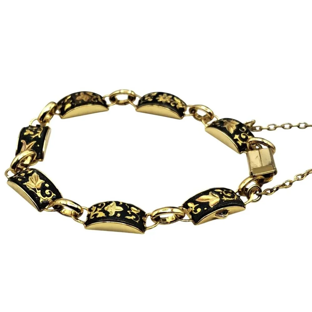 Vintage Damascene Bracelet Panel Links Leaves and Vines Design Safety Chain Cost